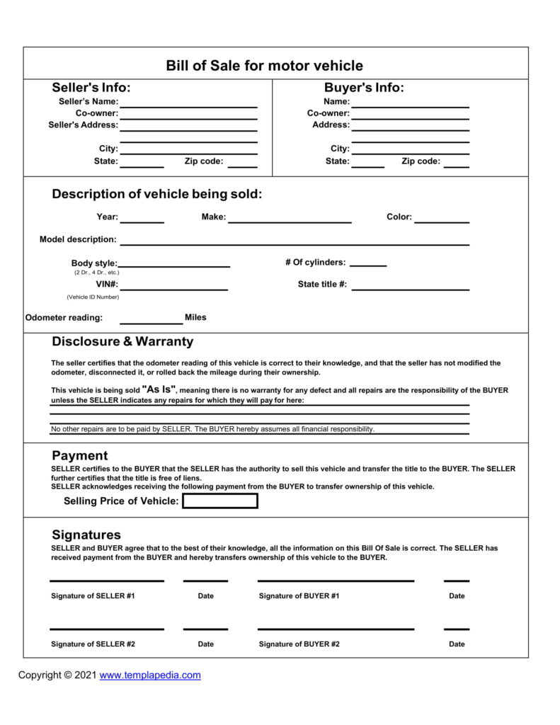 template for bill of sale for vehicle